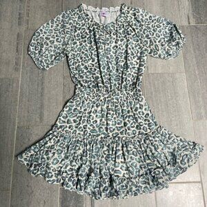 Buddy Love Ray Elastic Waist Short Sleeve Mini Dress Green Leopard Print Size M